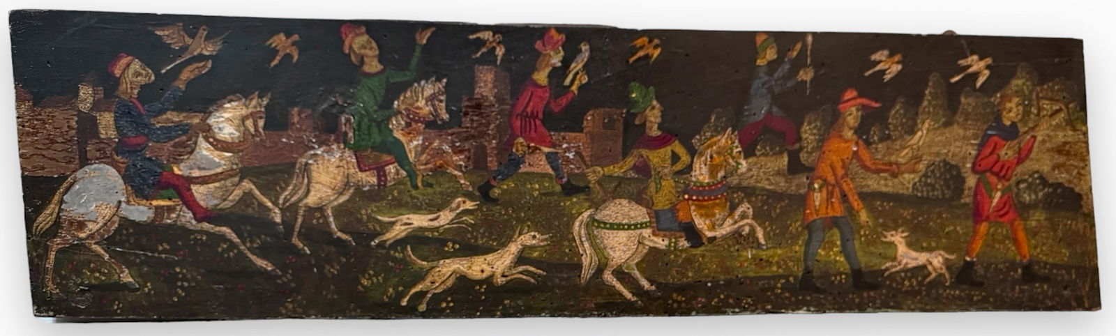 Antique 19th C. Painted Wood Panel FALCON HUNT (1 of 5)