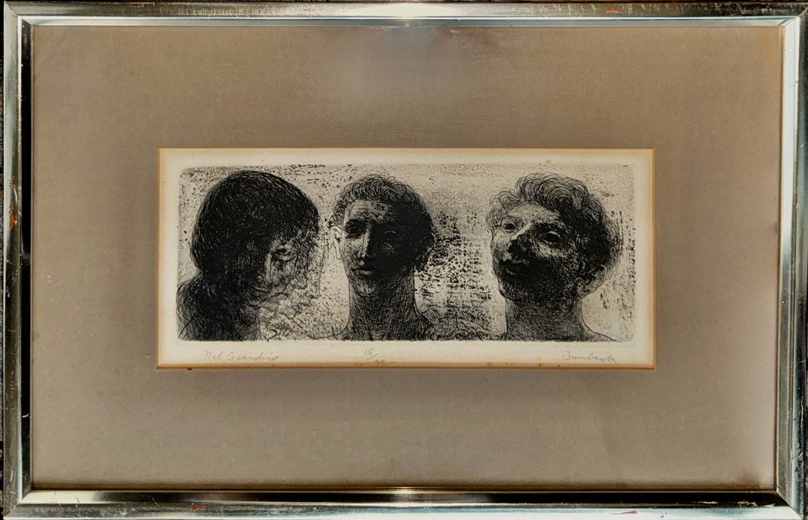 DAVID BUMBECK (AMERICAN, B.1940) NEL GIARDINO: IN THE GARDEN - NEL GIARDINO.Mid-Century etching, pencil signed, titled and numbered. Title: Nel Giardino - In The Garden. Artist David Bumbeck. Edition: #15/20. Framed and matted under glass. Printed