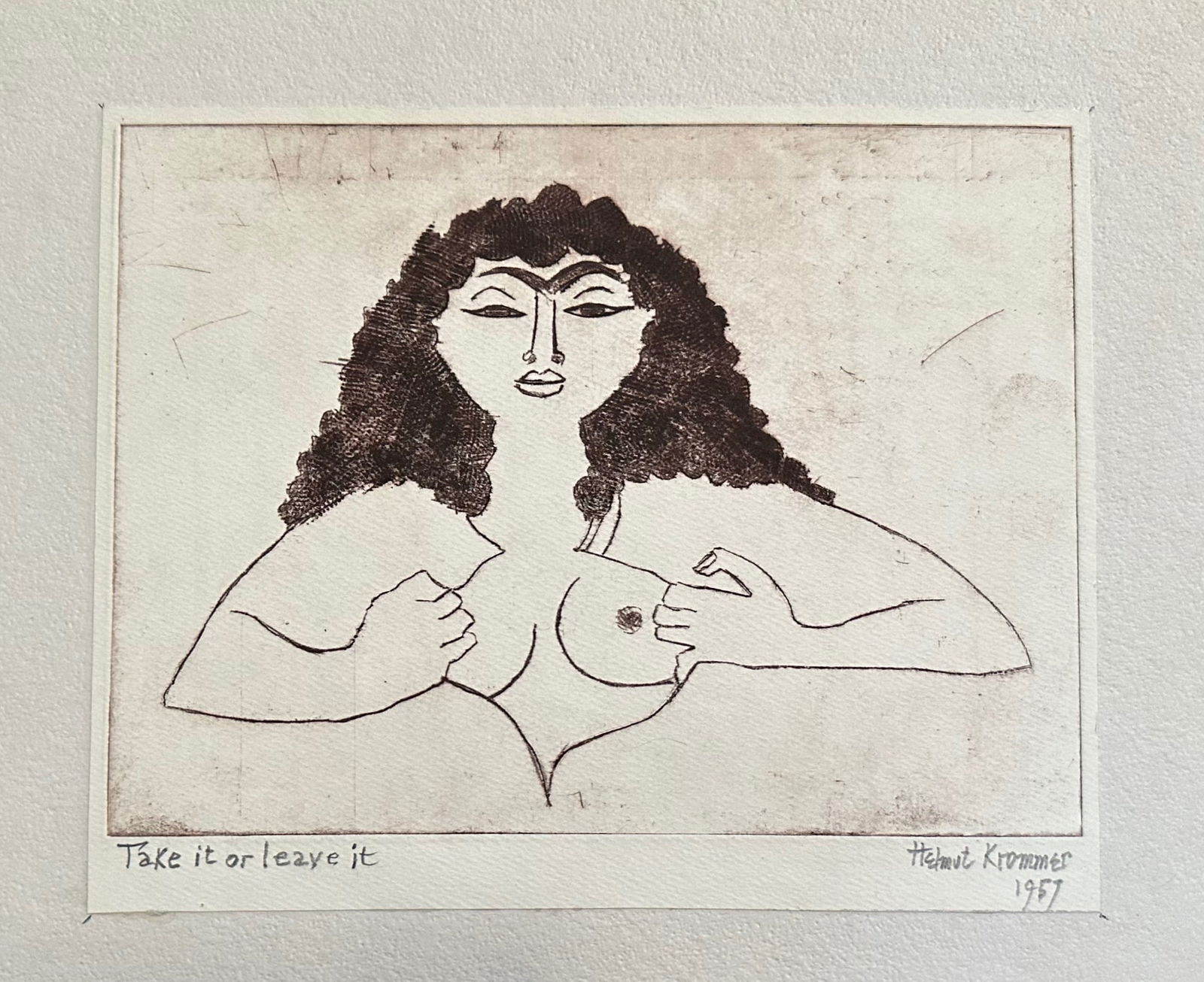 Helmet Krommer (Czech/American, 1891-1974) Take It Or Leave It, 1959: Helmet Krommer etching, pencil signed, titled and dated by the artist. Artist: Helmet Krommer. Title: TAKE IT OR LEAVE IT. Date: 1959. Etching on cream wove paper. Dimensions: 9 x 12 inches, image: 6