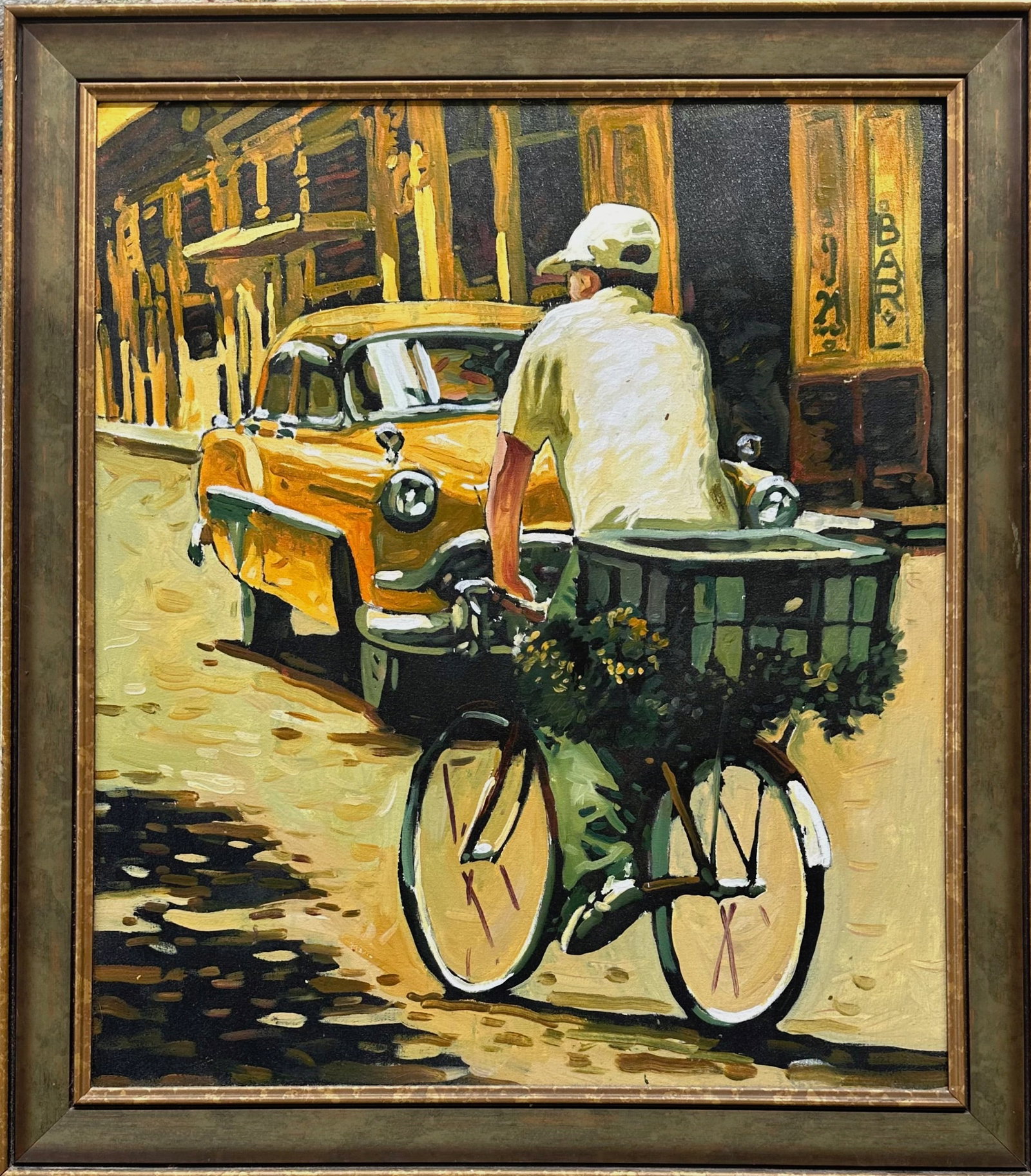 Havana Cuba Urban Street Scene Oil Painting, 1970s: Cuban Street Scene Painting in Old Havana. Framed oil on canvas board. Circa 1970s. Approximate dimensions: framed: 32 x 28 1/4 inches, canvas board: 27 x 23 inches. Condition: good original framed pr