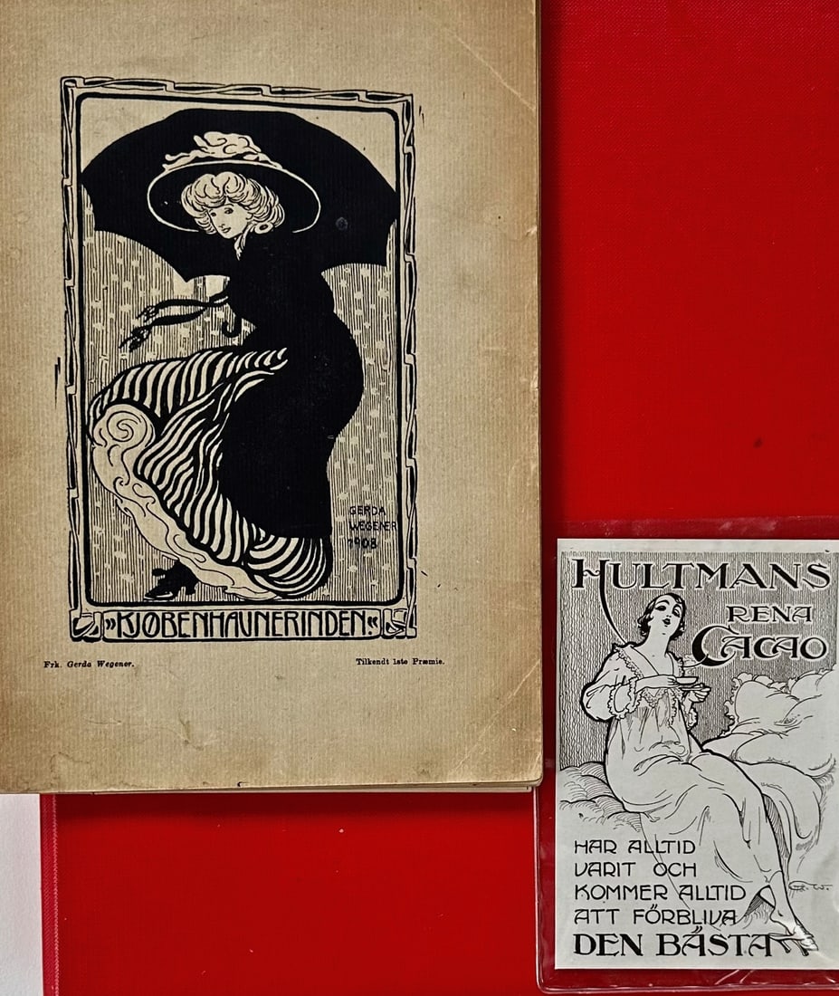 Gerda Wegener (Danish, 1885-1940). THE DANISH GIRL: Collection of Gerda Wegener art, advertisements, fashions and original postcards. Approximately 30+. Assorted illustrations, postcards, articles and advertisements collected in a spiral bound presenta