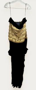 Carolyne Roehm Black Velvet Strapless Evening Dress, Gown: Vintage Couture. Fashion Designer Carolyne Roehm Velvet Evening Gown with Gold Brocade- Sequined with Gold Beads all around. Circa 1980s. Interior label: CAROLYN ROEHM. Size: 12. Floor length. Side zi