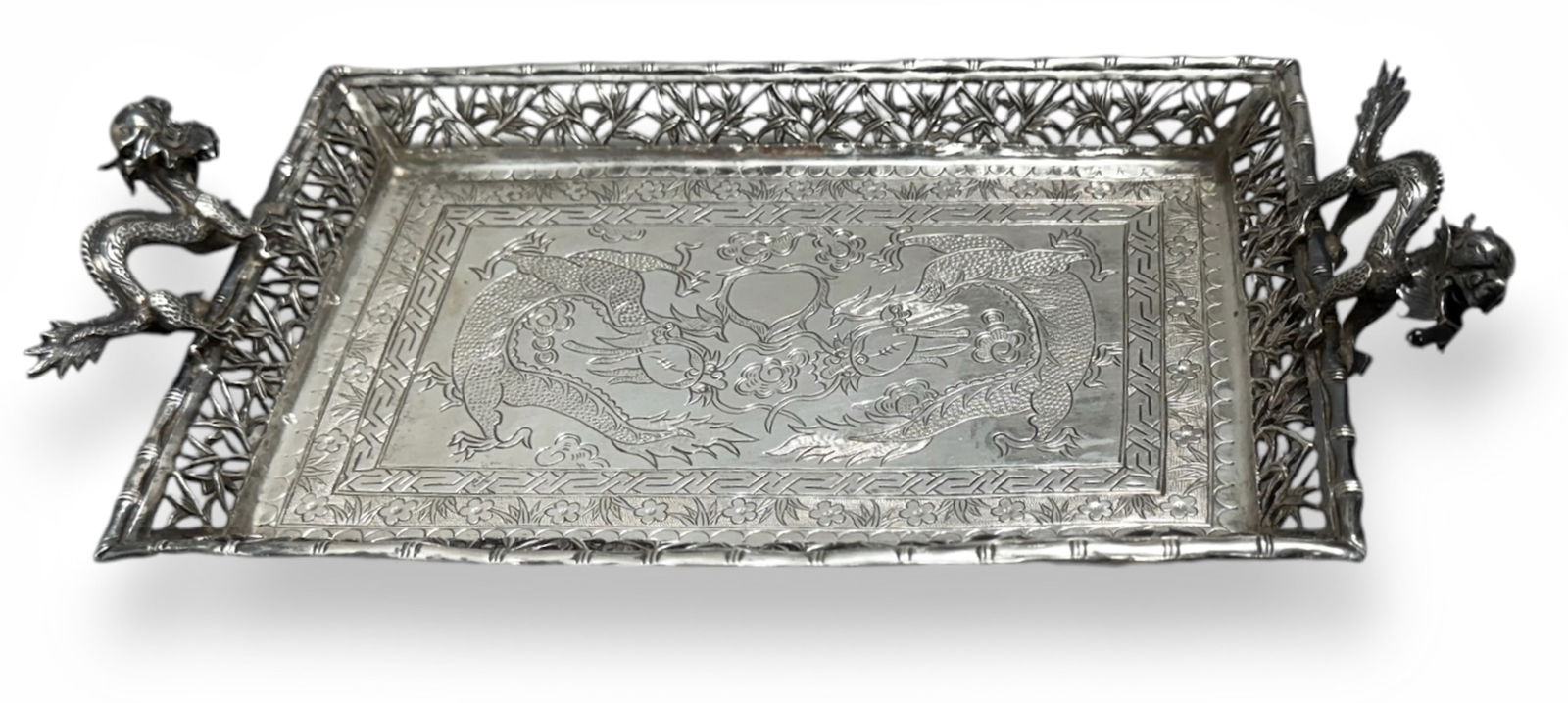 Antique Chinese Export Twin Handled  Sterling Silver Dragon Tray (1 of 7)