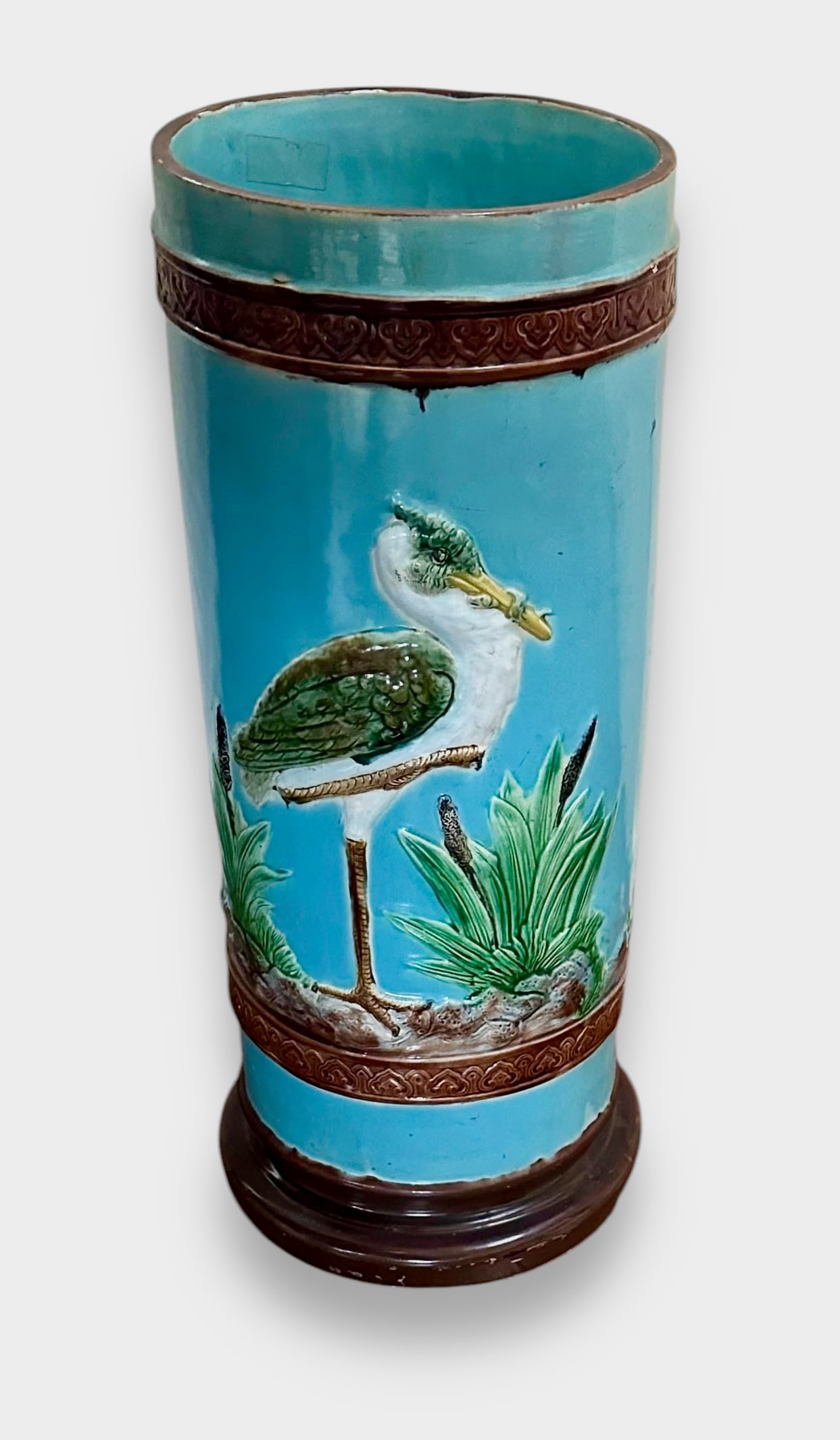 Antique Majolica Stork Heron Cattail Umbrella Stand, 1880s (1 of 6)