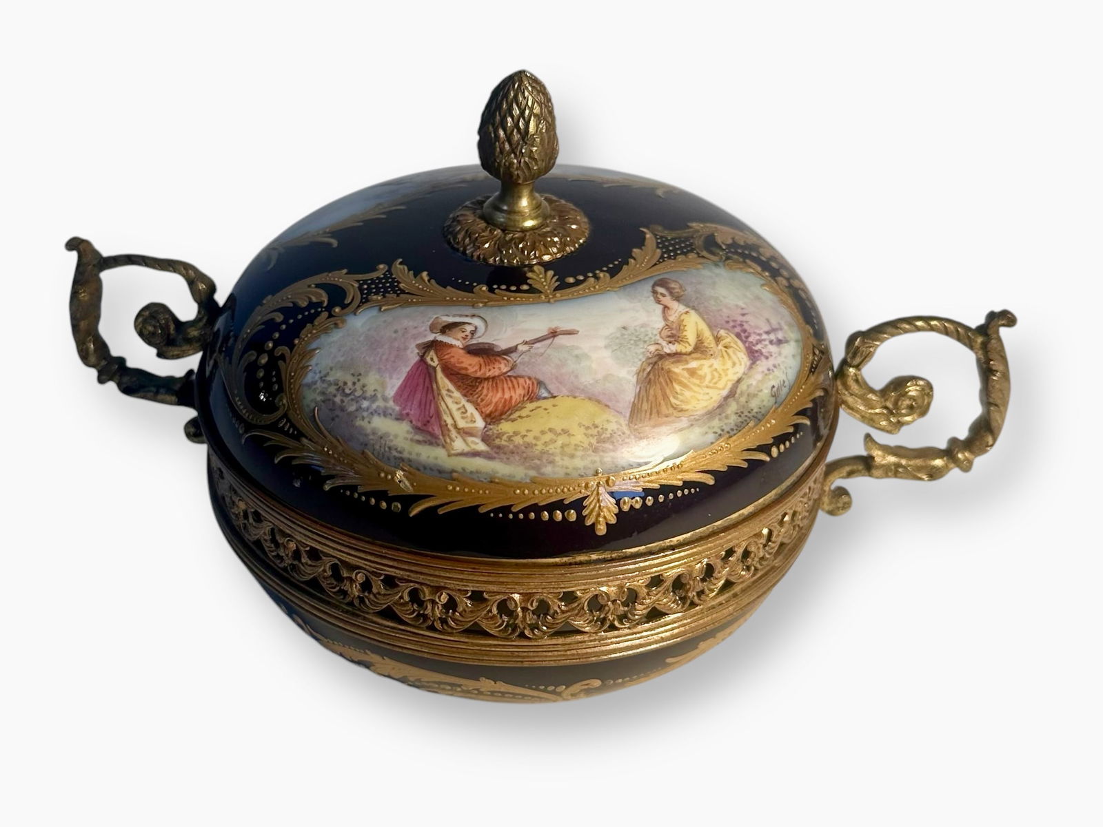 Antique French Hand-Painted Cobalt Blue Porcelain Ormolu Mounted Jewelry Box, Signed (1 of 6)