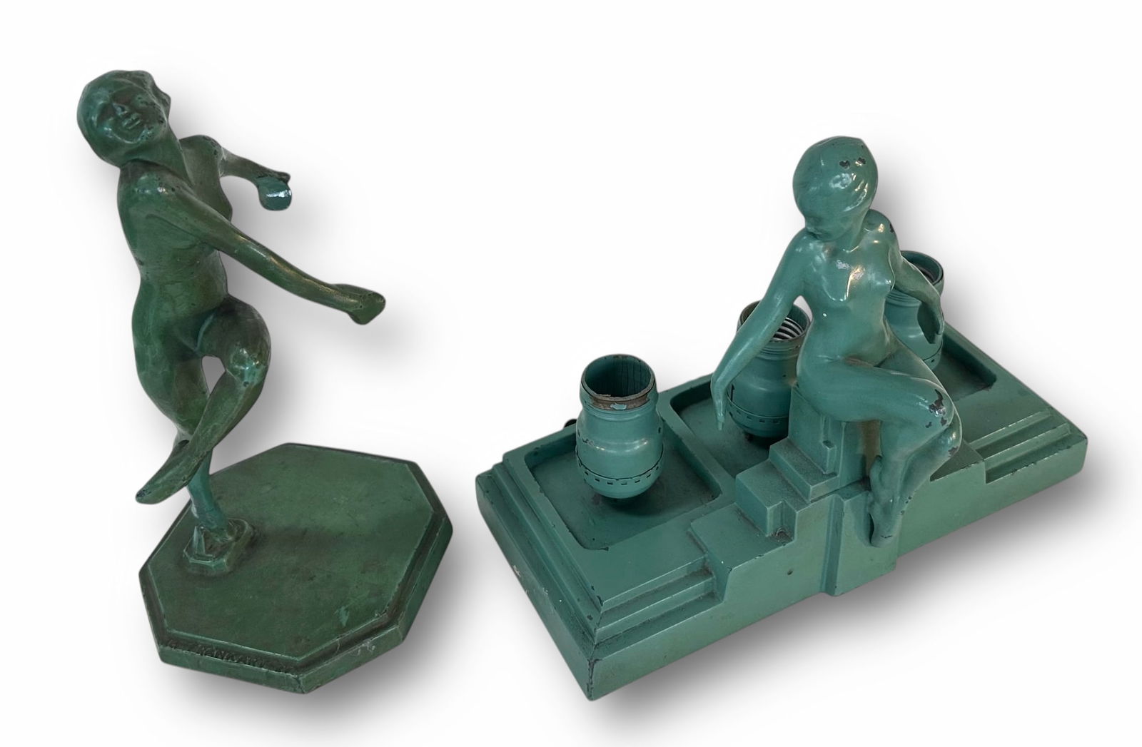 Art Deco Frankart Figural Nude Lamp And Figural Dancing Nude, Signed Frankart: Art Deco Frankart Figural Lamp and Figural Dancer. Both pieces are signed FRANKART (view photos). 1) Frankart Art Deco three-light twin figural table lamp (needs to be rewired). Approximate dimensions