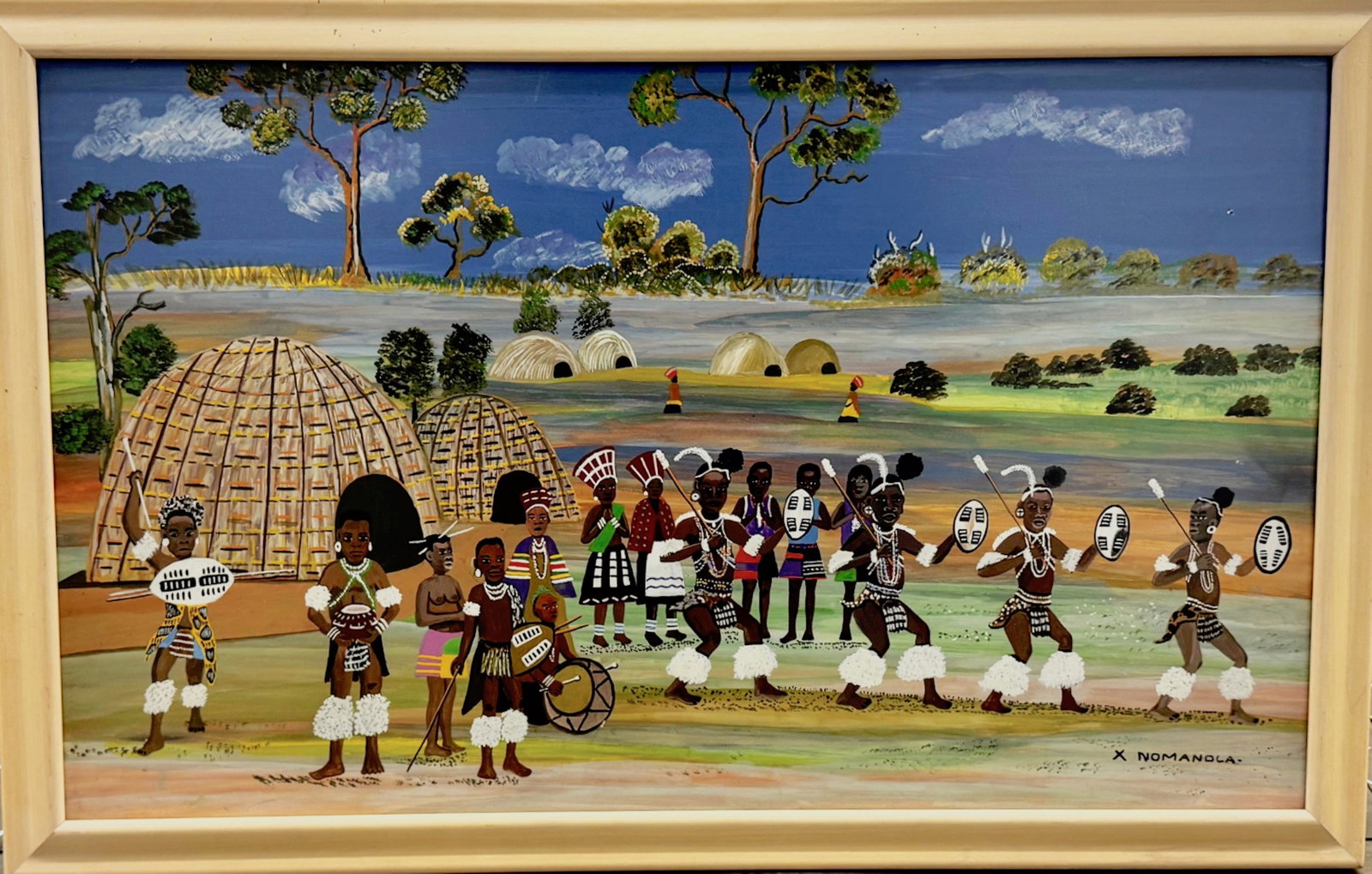 South African Zulu Dance Painting, Xakasa Nomandla: Zulu Warrior Dance. Xakasa Nomandla (South African, b. 1941). Original painting signed by the artist: X. Nomandla (lower right). Depicts a traditional Zulu Warrior Dance. Gouache on paper, framed unde