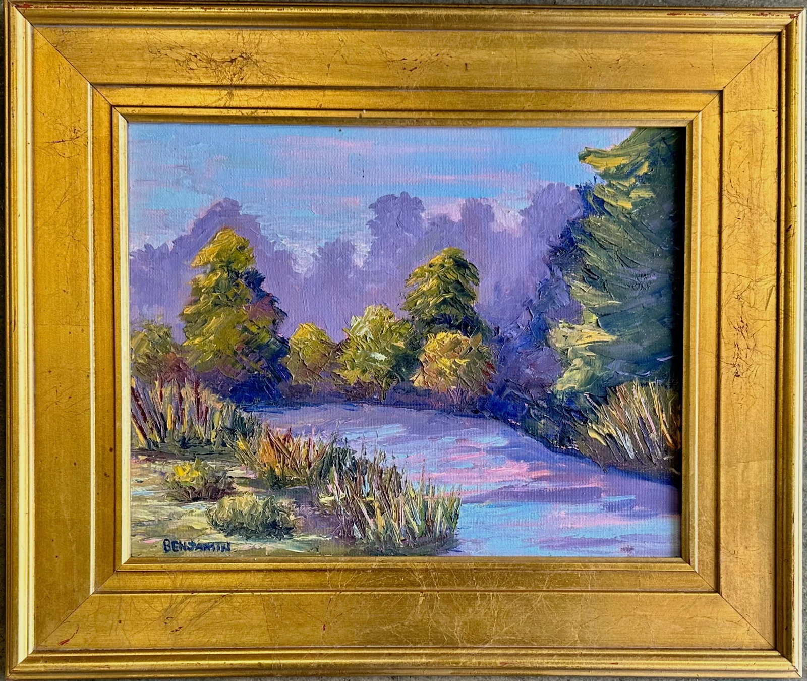 Hudson Valley Plein Air Landscape Oil Painting, Signed: Nature’s Palette. Plein Air oil painting on canvas board, signed by the artist: Barbara Benjamin (American, 20th century). Framed oil on canvas board housed in a contemporary gold wood frame. Dimens