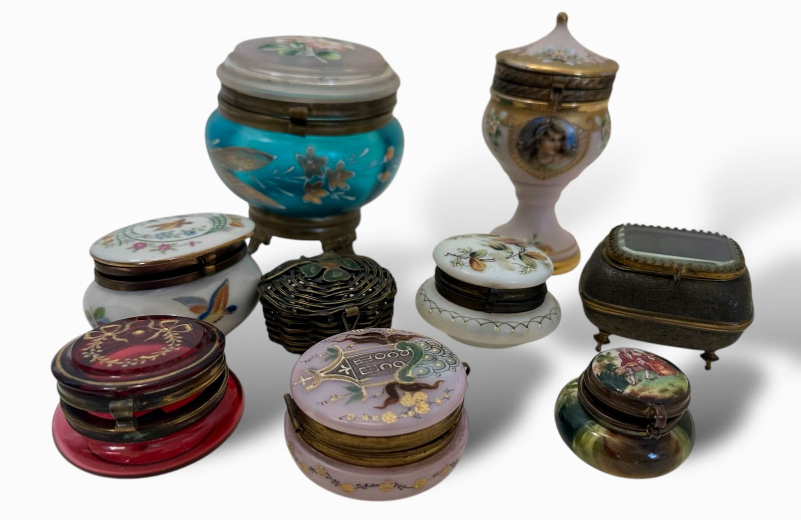 Antique Miniature Porcelain Hand-Painted Dresser Jewelry / Trinket Boxes (9) (1 of 4)