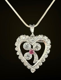 Estate 14k Diamond  & Ruby Heart Shape Pendant / Pin