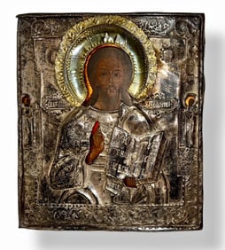 19th C.  Russian Icon Of Jesus Christ With Silver Rizza