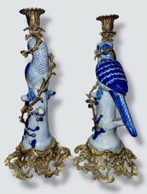 Pair Of Hollywood Regency Porcelain Cobalt Blue Parrot Bird Candlesticks