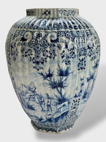 Antique Large Delft Blue And White Pottery Vase, Signed