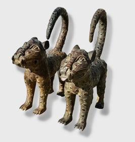 Benin Bronze Large Figural Sculptures Of Royal Leopards, Pair