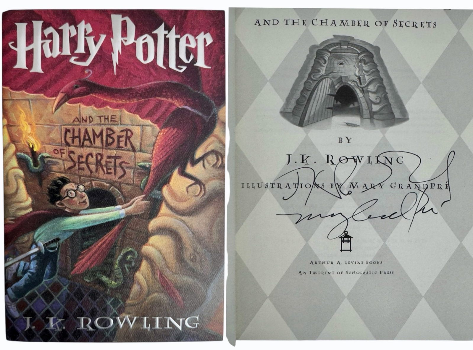 Harry Potter CHAMBER OF SECRETS Signed By J.K. Rowling & Mary GrandPre: Harry Potter and the Chamber of Secrets, Hand-Signed by Both Author J.K. Rowling and the Illustrator Mary GrandPre. J.K. Rowling (British, b. 1965). Mary GrandPre (American, b. 1954). Personally signe