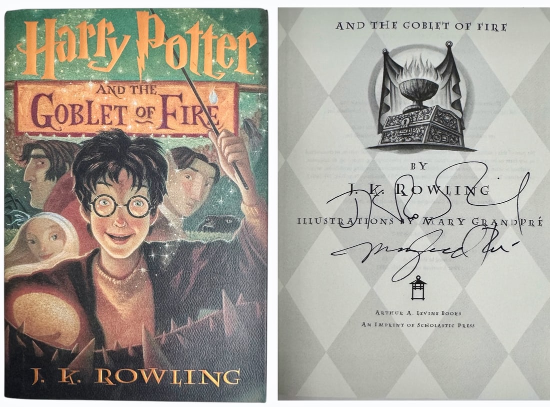 Harry Potter GOBLET OF FIRE Signed By J.K. Rowling & Mary GrandPre: Harry Potter and the Goblet of Fire, Ink Signed by both Author J.K. Rowling and illustrator Mary GrandPre. Author J.K. Rowling (British, b. 1965). Mary GrandPre (American, b. 1954). Personally ink sig