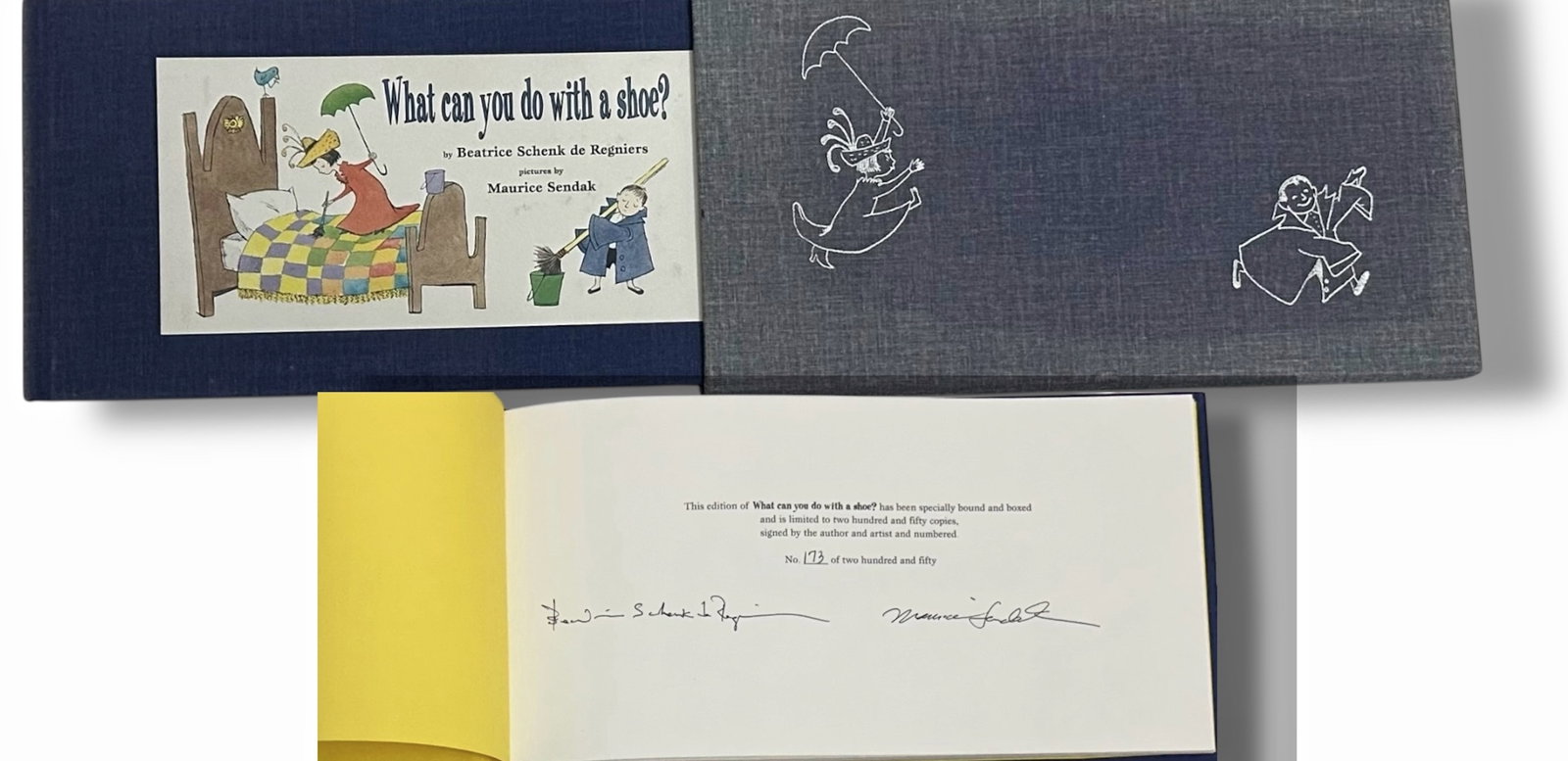 What Can You Do With A Shoe? Hand-Signed by Sendak & Regniers: WHAT CAN YOU DO WITH A SHOE?. Limited edition book hand-signed by both author Margaret Beatrice Schenk de Regniers and illustrator Maurice Sendak. Author Margaret Beatrice Schenk (American, 1914-2000)