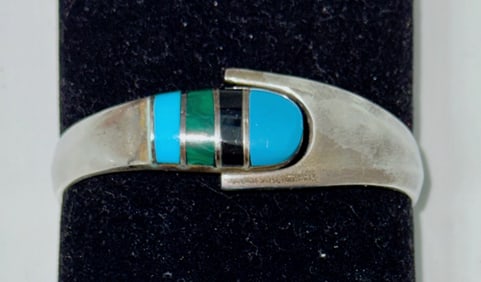 Taxco Mexico Sterling Silver Turquoise & Onyx Inlay Bracelet, Signed JQM