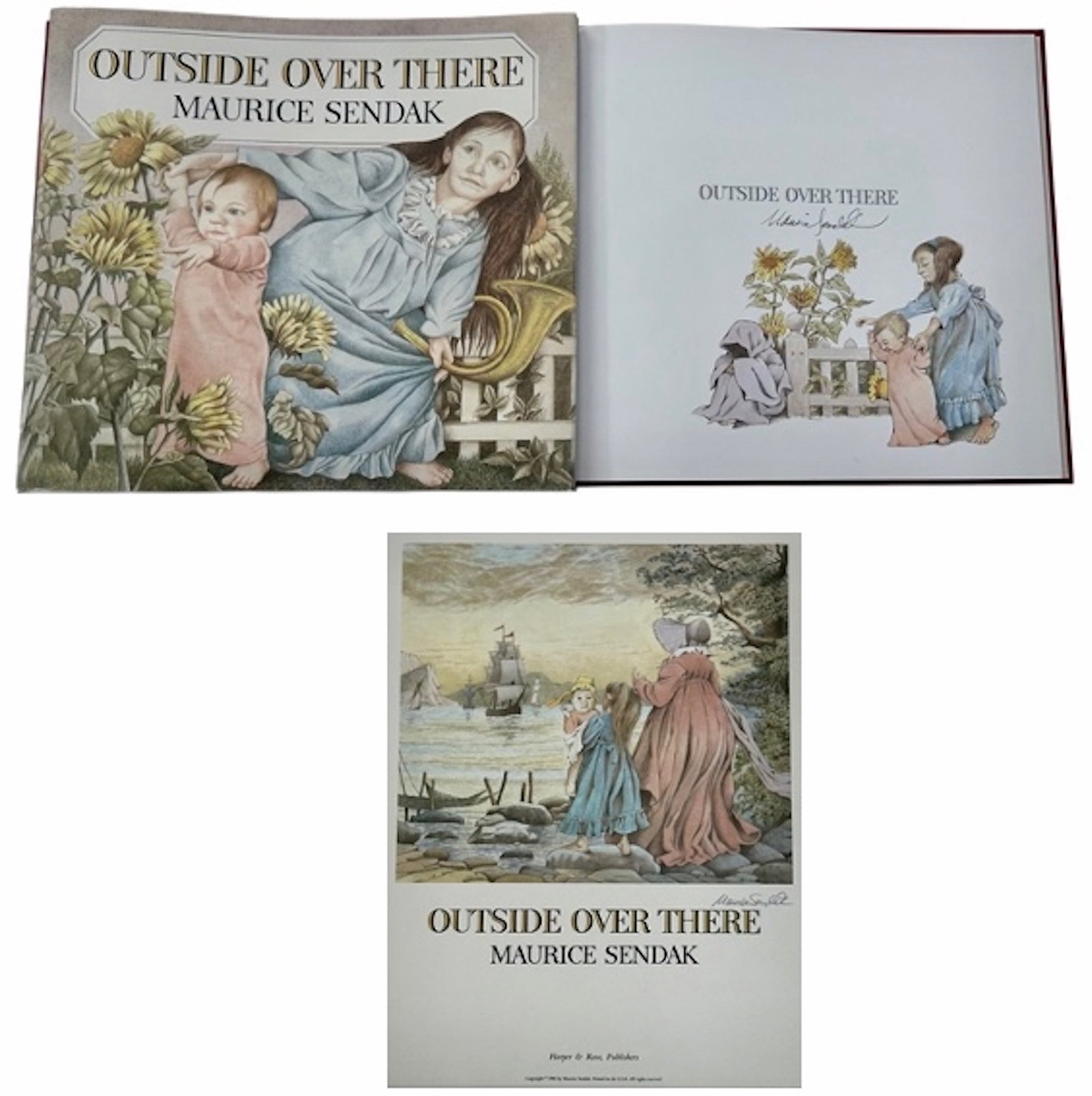 Maurice Sendak Signed Book & Promotional Poster, OUTSIDE OVER THERE 1981: Maurice Sendak (American, 1928-2012). OUTSIDE OVER THERE Hand-Signed Book and Promotional Poster, 1981. Both book and poster are hand-signed in ink by author illustrator MAURICE SENDAK (view photos).