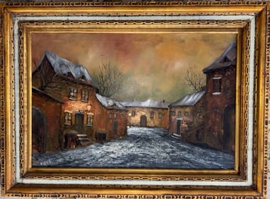 Rural Winter Village Landscape Painting Signed Foster, 1960s