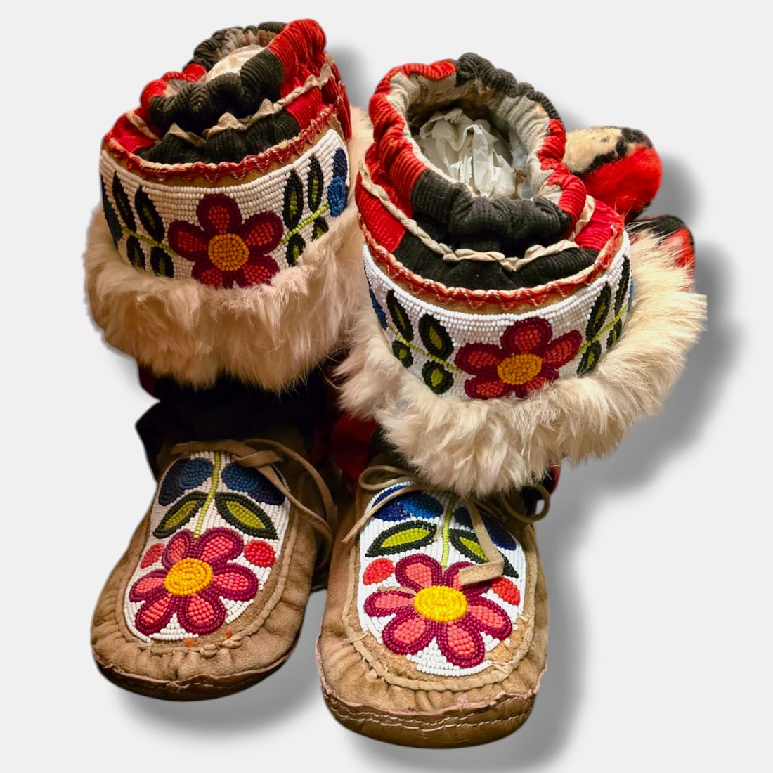 Native American Cree Nation Beaded Ceremonial Dance Moccasins,: Vintage Native American Cree Nation Beaded Hightop Moccasins / Mukluks. Mid-Twentieth Century. Approximate size: 9 3/4" long. Tanned animal hide, fur and beadwork throughout. The pair is soft soled an