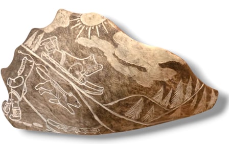 Inuit Eskimo Scrimshaw On Antler, Syllabic Artist Signature 12" x 6"