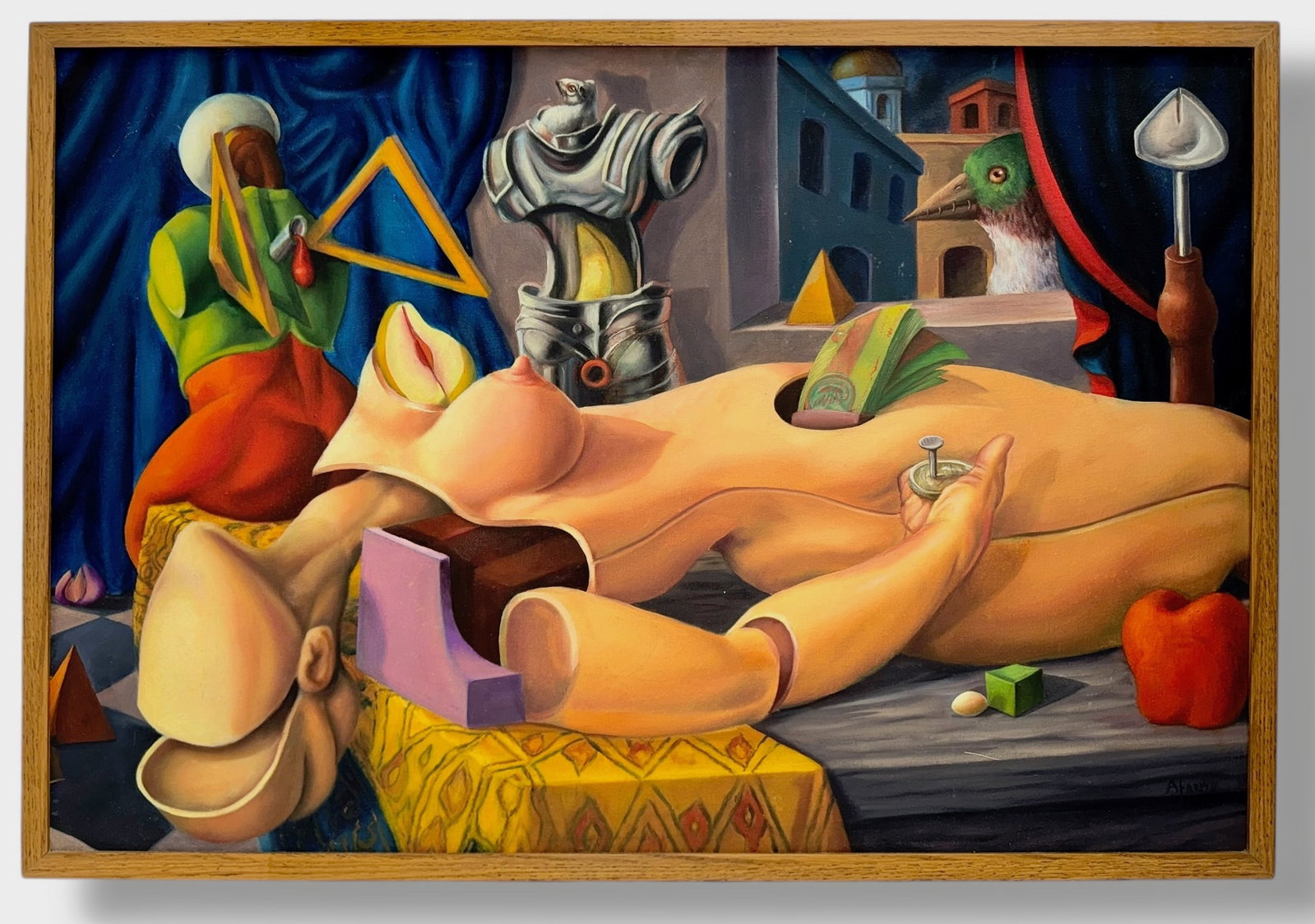 Erotic Surrealist Painting DANAE, Afonso Oliveira 1982: DANAE RECONFIGURED. Brazilian Surreal Painting by the artist, Afonso Oliveira. Reimagined DANAE, Fragmented and Reconfigured. Signed lower right on front and on verso signed, dated and titled. AFONSO 