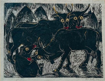 Mid-Century Mexican Woodcut LONGHORN CATTLES Signed, 1958
