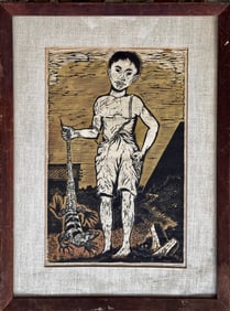 Mid-Century Woodblock By Eliezer Canul BOY WITH LIZARD, 1961