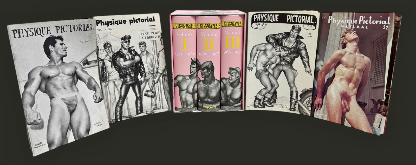 The Complete Reprint Of Physique Pictorial & 4 Original Physique Pictorial Issues, 1997: Homoerotic Photography. The Complete Reprint of Physique Pictorial: 1951-1990 (3 Volume Set). Published by Taschen, 1997. Written by Bob Mizer. The three volumes are housed in the original pink pictor