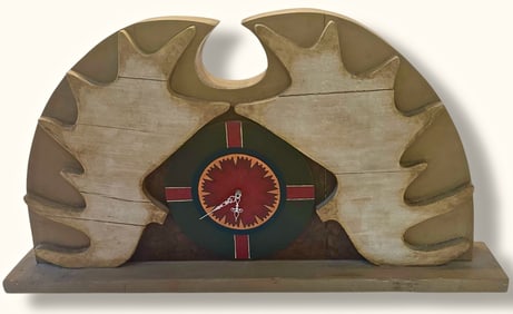 American Folk Art Carved & Painted Moose Antler Mantle Clock,  Carver Jeff Raymond