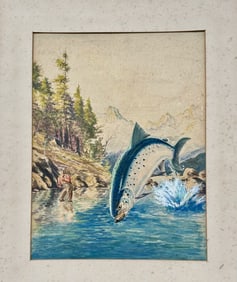 Angler Fly Fishing Painting LEAPING TROUT, 1950s