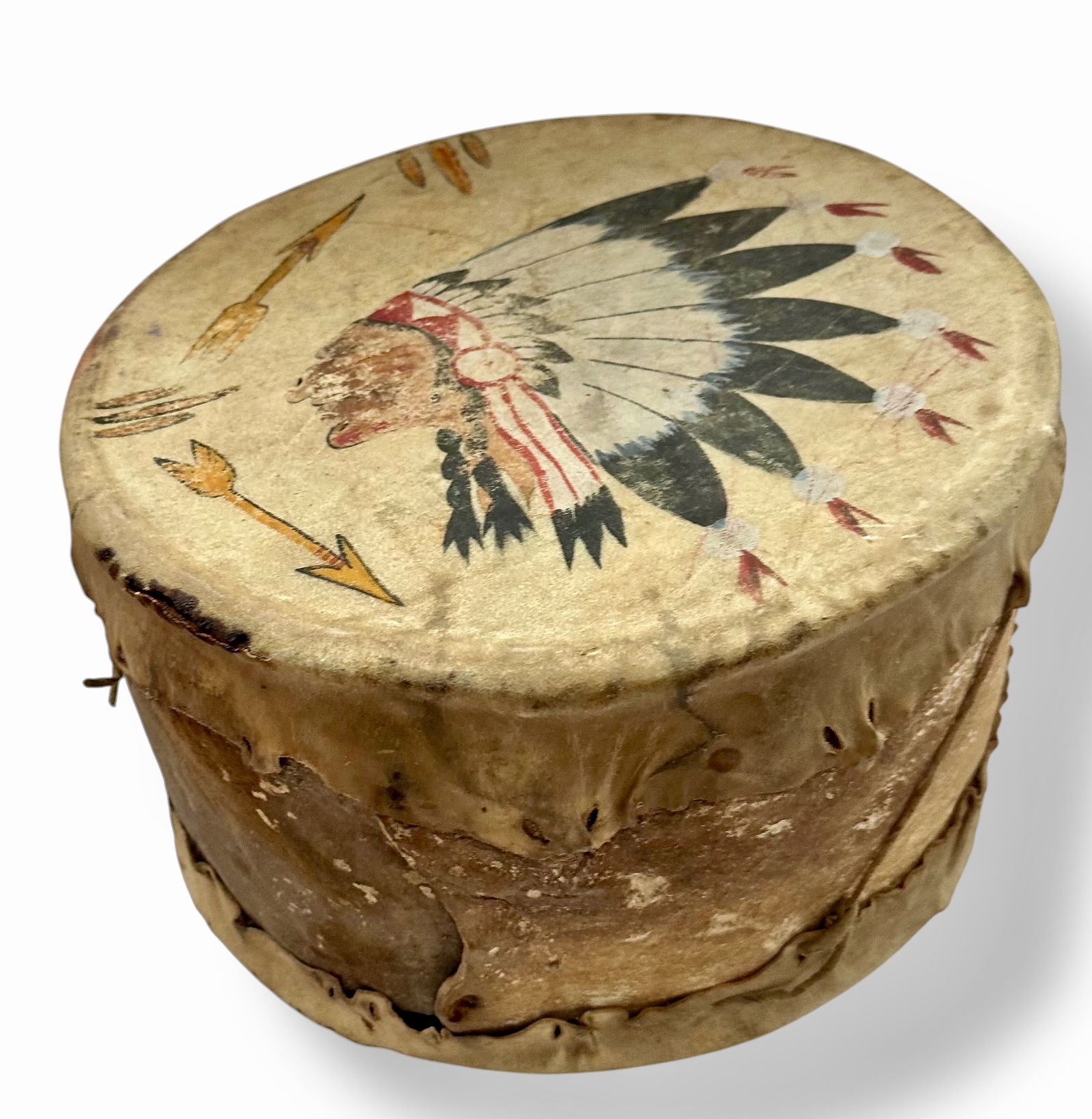 Vintage Native American Indian Painted Ceremonial Drum: Native American rawhide double sided ceremonial drum with animal hide fur sides and earth pigment painting on both sides of tree trunk log. Dimensions: height: 8 1/4 inches., width: 12 3/4 inches. Con