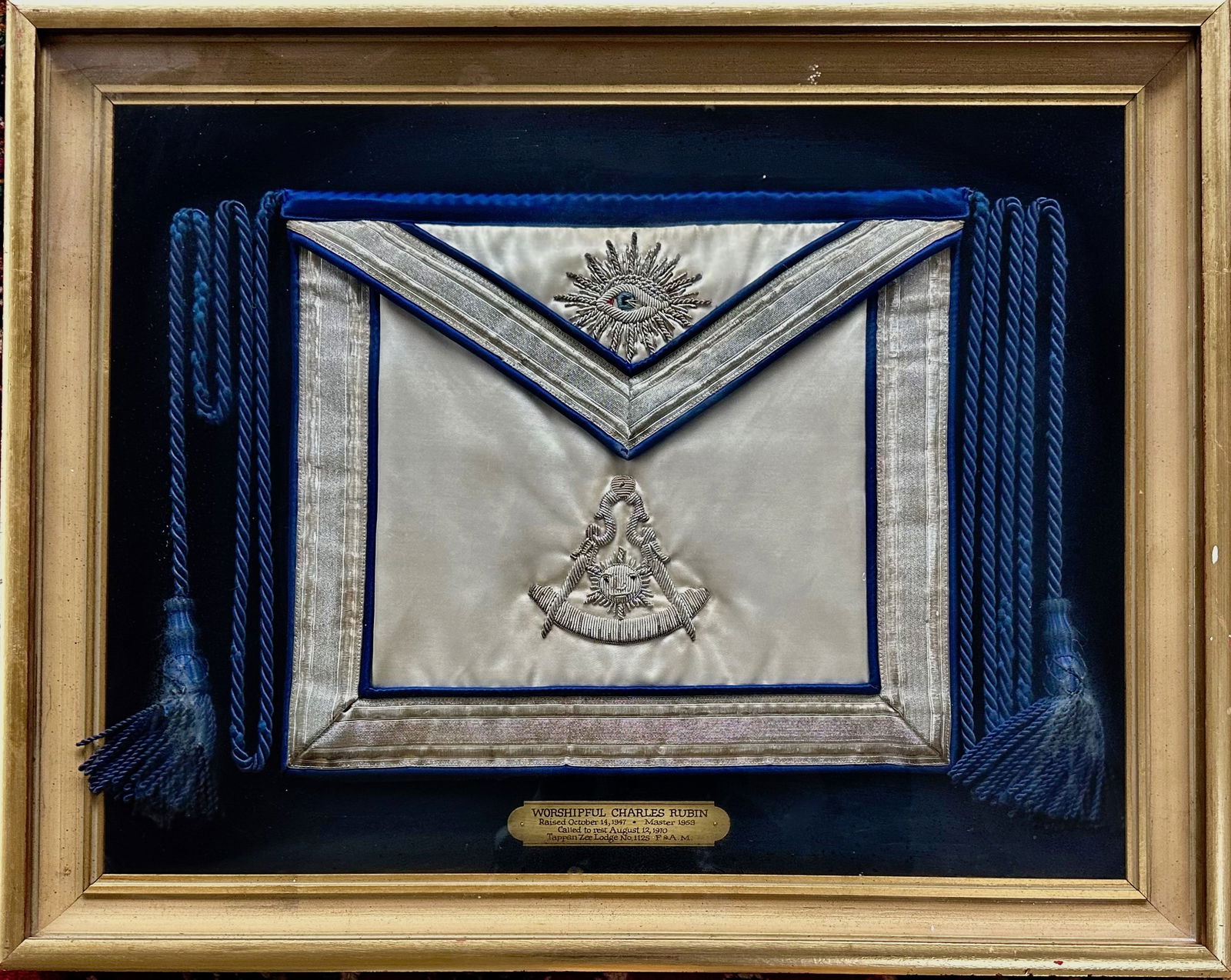 Masonic Past Master Embroidered Silk Apron, New York Tappan Zee Lodge No 1125: Masonic Past Master Apron with Silver Trimming on a Silk Background. Hand embroidered emblem and all seeing eye. Framed under glass with attached brass plaque. READS. WORSHIPFUL CHARLES RUBIN. Raised