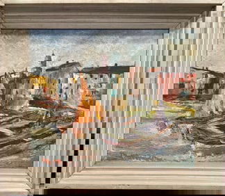 European School Waterscape Harbor Painting,  Signed