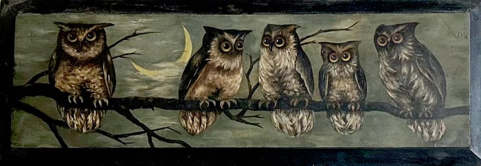 American School Folk Art Oil Painting on Wood Panel MOONLIGHT OWLS