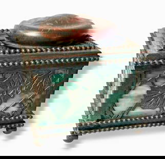 A Tiffany Studios, N.Y. Grapevine Pattern Inkwell: Tiffany Studios Grapevine Pattern Inkwell. Impressed: TIFFANY STUDIOS NEW YORK on underside. Patinated bronze with beaded boarder and green slag glass. Inkwell has the original glass ink cavity. Appro