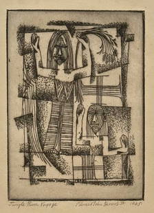 Edward John Stevens Jr. (American, 1923-1988) JUNGLE RIVER VOYAGE, 1945: Edward John Stevens Jr. JUNGLE RIVER VOYAGE.Etching, pencil signed, titled and dated on lower margins.JUNGLE RIVER VOYAGE.Edward John Stevens Jr.1945.Etching printed in black ink on cream wove