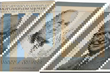 President Dwight D. Eisenhower & Harry S,. Truman Signed State Dinner Honoree: (PRESIDENTS) Lotos Club original state dinner menus, each signed and inscribed by the State Dinner honoree, Harry S. Truman and Dwight David Eisenhower on front cover. 1) Harry S. Truman, November 14,