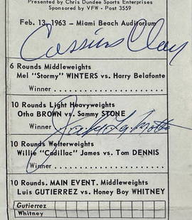 Cassius Clay & Jake LaMotta, Original Hand-Signed Boxing Score Card, Miami Beach, 1963: BOXING MEMORABILIA.1) Cassius Clay- Muhammad Ali (1942-2016).Hand-Signed in Ink by Cassius Clay.2) THE RAGING BULL, Jack LaMotta (1922-2017).Hand-Signed In Ink by Jack LaMotta.* Score card acquired