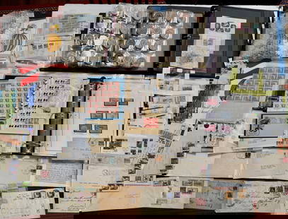 Large Unsorted Stamp Collection: Albums, Sheets, Mint, Blocks & More (1000+): Very large collection of unsorted Stamps.Approximately 1000 plus.Includes.Stamp Albums, Mint, full Sheets, Blocks, Paper Money, Cancelled Stamped Envelopes (1850-), Wooden Nickels and so much more