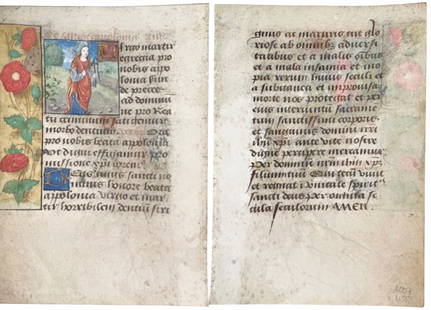 Book Of Hours, Saint Apollonia Patron Saint Of Dentists, 1470-1485: Saint Apollonia of Alexandria.Illuminated miniature painting on vellum of Saint Apollonia with instruments, ie. Callipers to extract teeth.Left edge decorated with red roses and a butterfly.Both