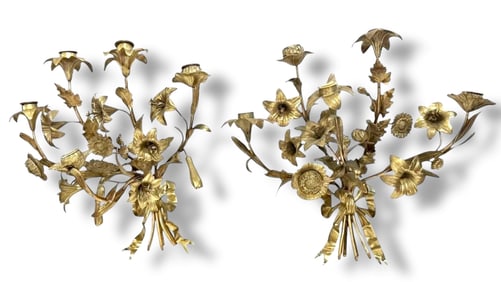 Antique French Gilt Bronze Floral  Wall Candle Sconces, Pair  18" x 18"