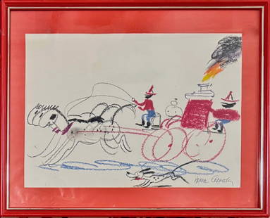 Hardie Gramatky Original Illustration For HERCULES, OLD FASHIONED FIRE ENGINE, 1940: Hardie Gramatky (American, California, 1907-1979). Original Crayon drawing by the illustration artist Hardie Gramatky. This Illustration was published in his children's book Hercules: The Story of An