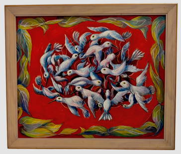 F.V. Woolley (American, 20th c.) Mid-Century Abstract Painting: BIRDS IN ABSTRACTION. Mid-Century Abstract Painting, signed by the artist, F. V. Woolley (lower right). Framed oil on canvas. Dimensions: framed: 23 in. x 27.4 in; canvas: 20 in. x 24 in. Condition: g