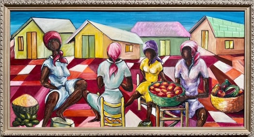 Caribbean Island Market Oil Painting,  F. V. Wooley c. 1960s