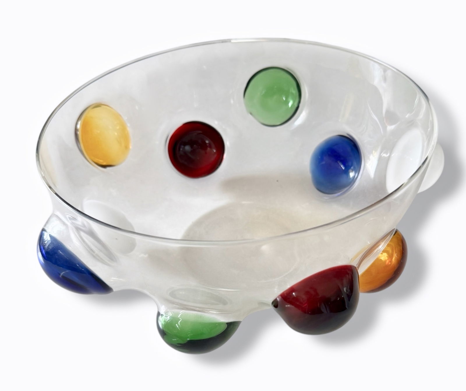 MASSIMO LUNARDON SIGNED, ART GLASS BUBBLE CENTERPIECE BOWL: MASSIMO LUNARDON Hand-Blown Multi-Color Bubble Glass Centerpiece Bowl. Signed: etched on underside: Massimo Lunardon (view photo). Massimo Lunardon creates his unique pieces at his workshop in San Geo