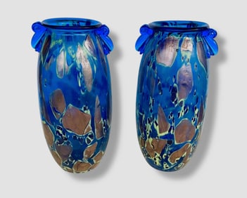 Mid-Century Large Modernist Pair Of Impressive Cased Glass Amphora Centerpiece Vases, 16"