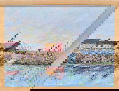 New England Plein Air Impressionist Painting MOTIF No. 1.   Robert Cowan,  Rockport  MA: Iconic fishing shack in Rockport: Motif No. 1. Robert L. Cowan (American, Kansas b. 1953). New England Impressionist Plein Air Impasto Oil Painting, Signed by the Artist, R. L. Cowan (lower right). Di