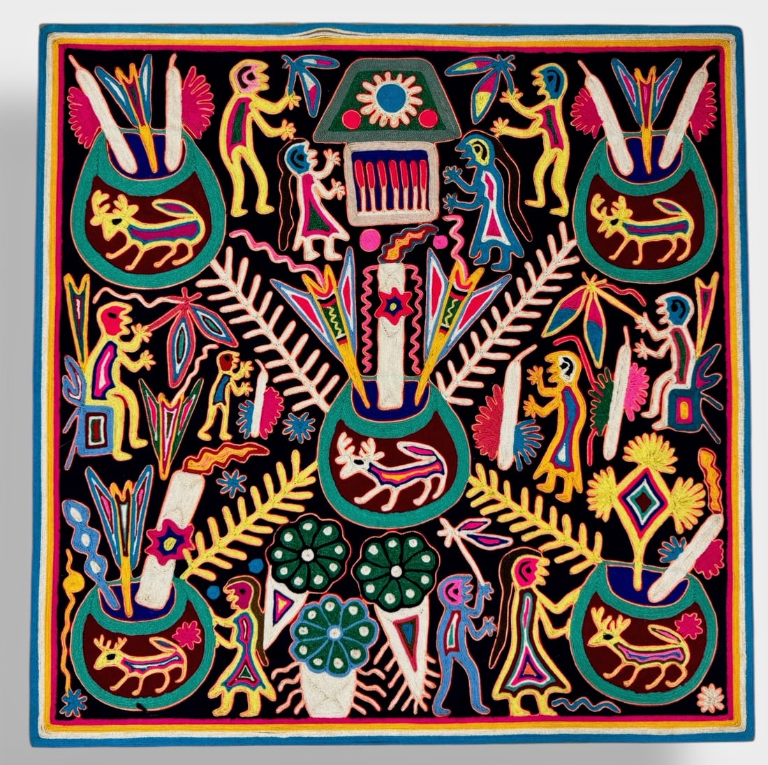 Jesus Lopez Cosio, Huichol Folkloric Mystical Surrealism Embroidery, 1960s: Jesus Lopez Cosio (Santa Cataeina, Jalisco). Symbolism in the Huichol World of Native Folk Art, Mexico. Huichol Culture Embroidery by artist Cosio Lopez Jesus, Mexico. Year 1960s. Handwritten letter o